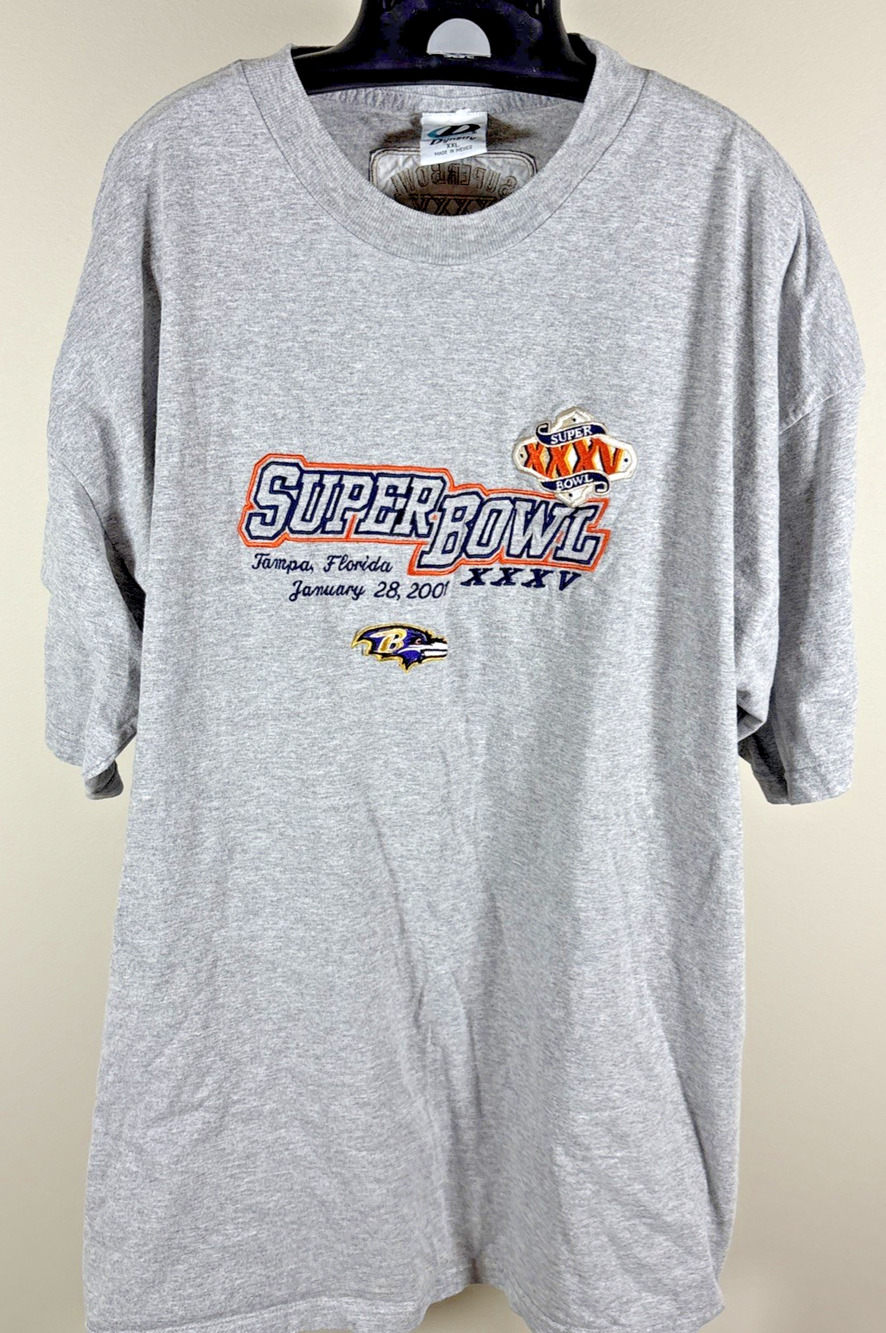 Vintage Baltimore Ravens Super Bowl XXXV Embroiderd Logo Gray T-shirt Men's XXL